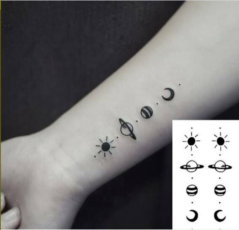 Moda Tatuagem Temporária Planetas Lua Sol Jupter Black Tattoo