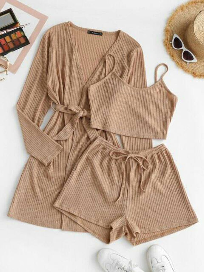 Social Conjunto De Pijama De Cami De Crochê Com Nervuras