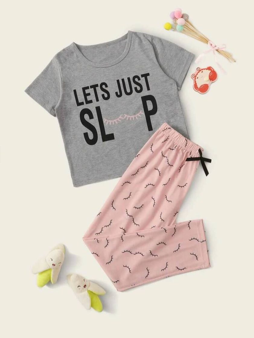 Fashion Girls Letter & Eyelash Print PJ Set

