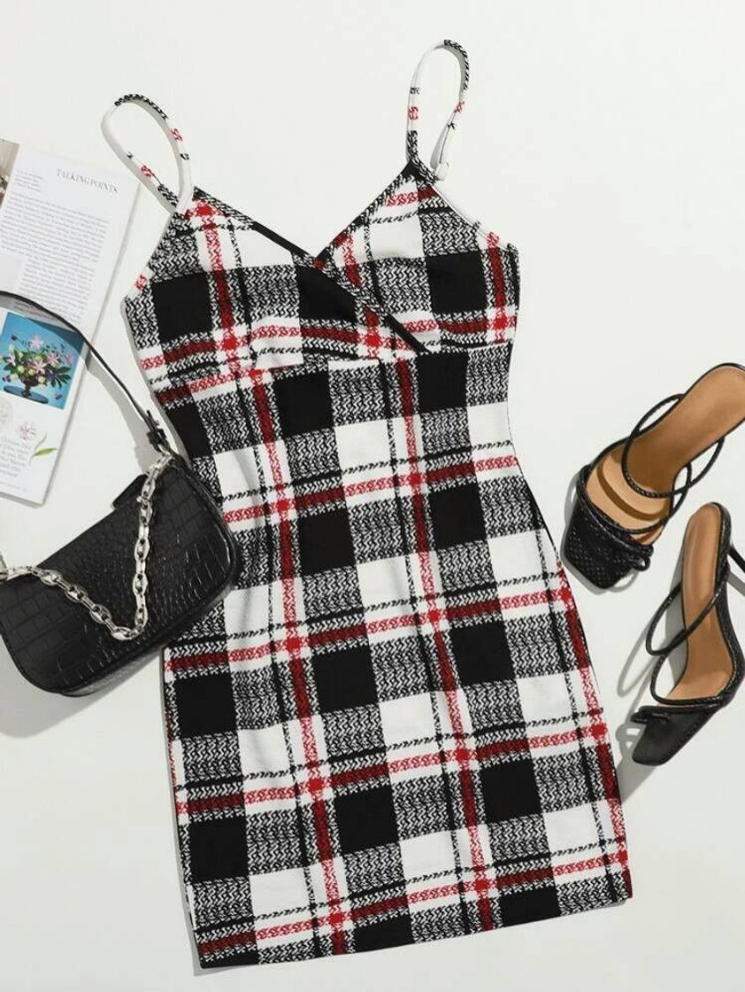 Fashion Surplice Neck Plaid Slip Dress

