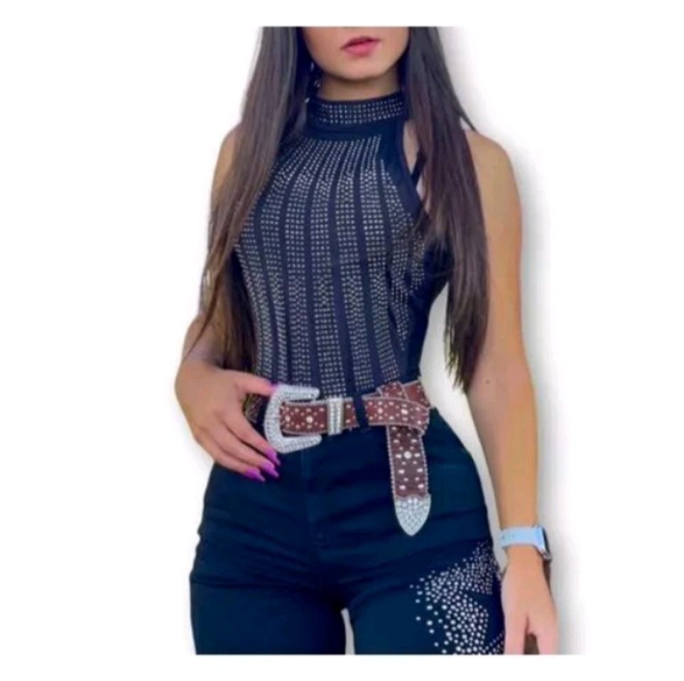 Social Confira Body feminino aplicação strass cavado gola alta poliéster fashion