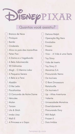 Checklist filmes Disney Pixar