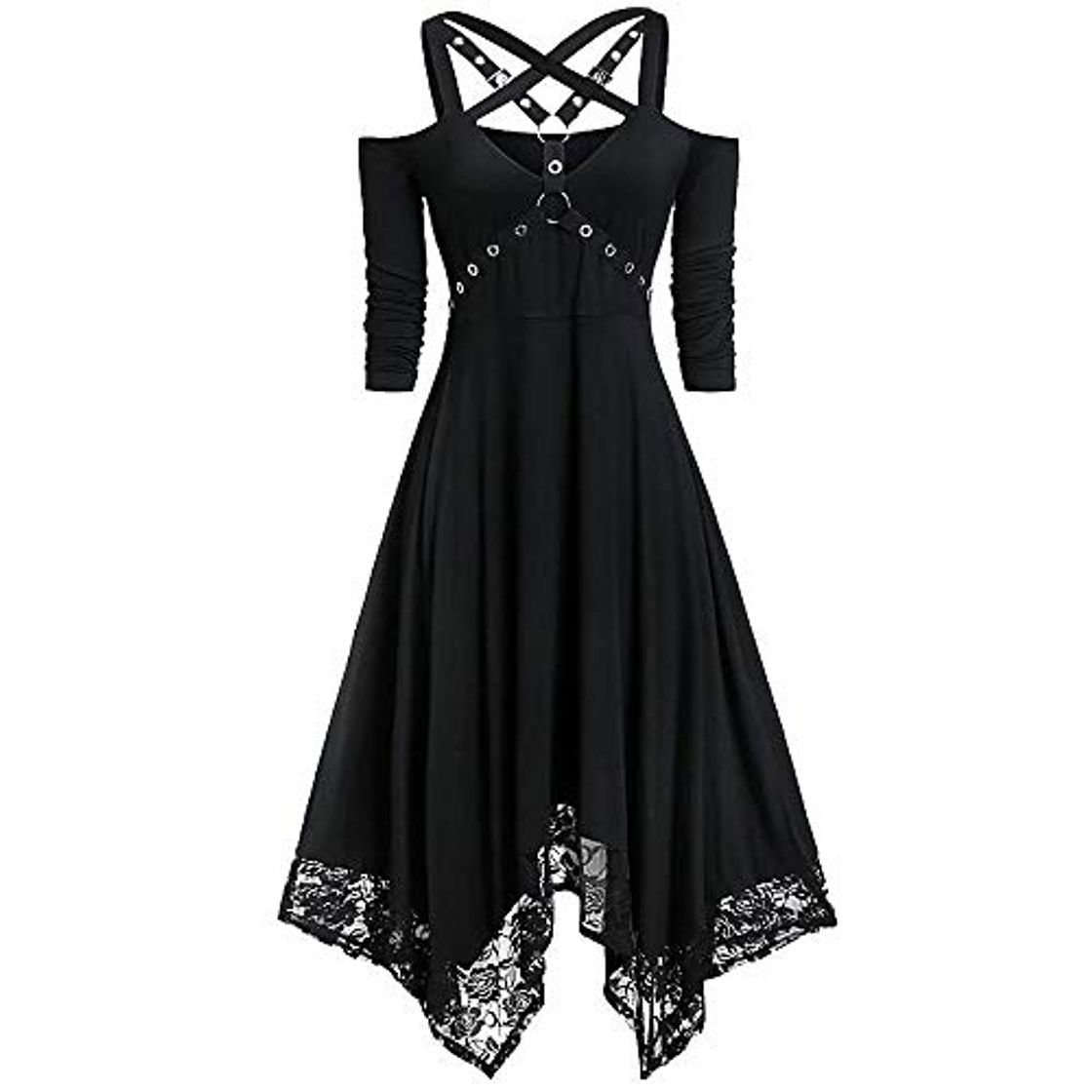 Social VJGOAL Mujer Moda Halloween Punk Vestido gótico Sexy Fuera del Hombro Encaje Patchwork Media Manga Vestido Plisado Negro