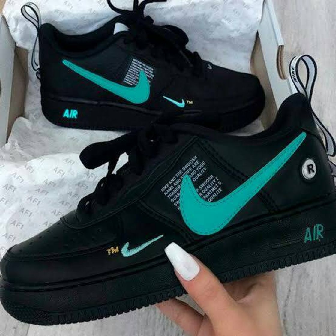 Fashion Tênis Nike Air Force TM Preto e Verde Água - Dunk Shoes