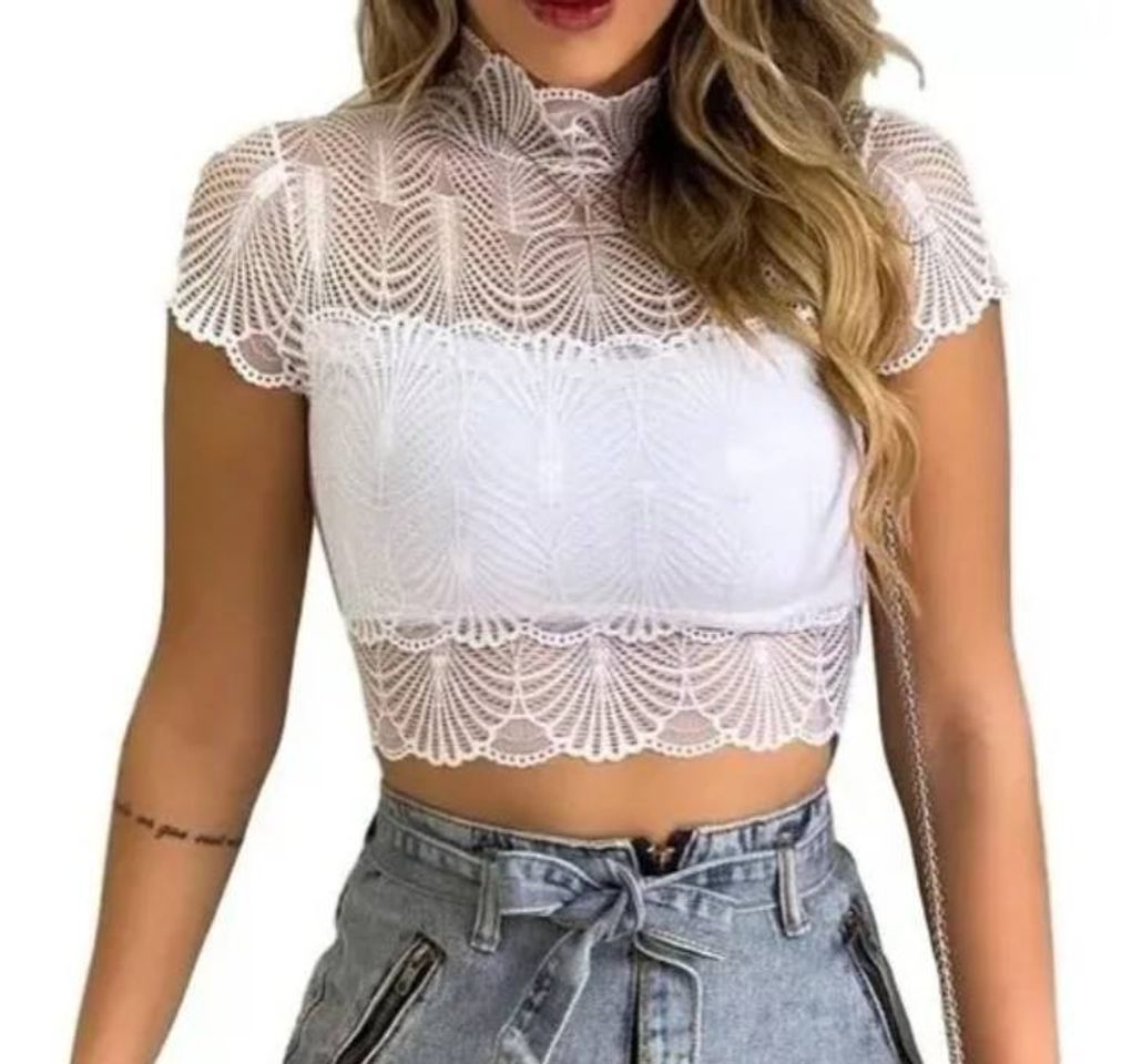 Fashion Blusa cropped gola alta renda✨❤️