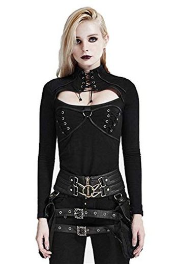 Tops Mujeres Punk Straps Stretch Slim Fit Camiseta Manga Larga Blusa Retro Góti