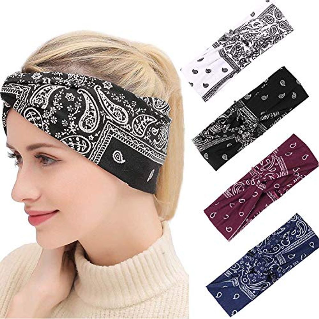 Fashion 4 Pack Diadema Mujeres Vintage Diadema Boho Impreso Banda para el cabello Banda elástica para el cabello Bandana Diademas Accesorios para el cabello