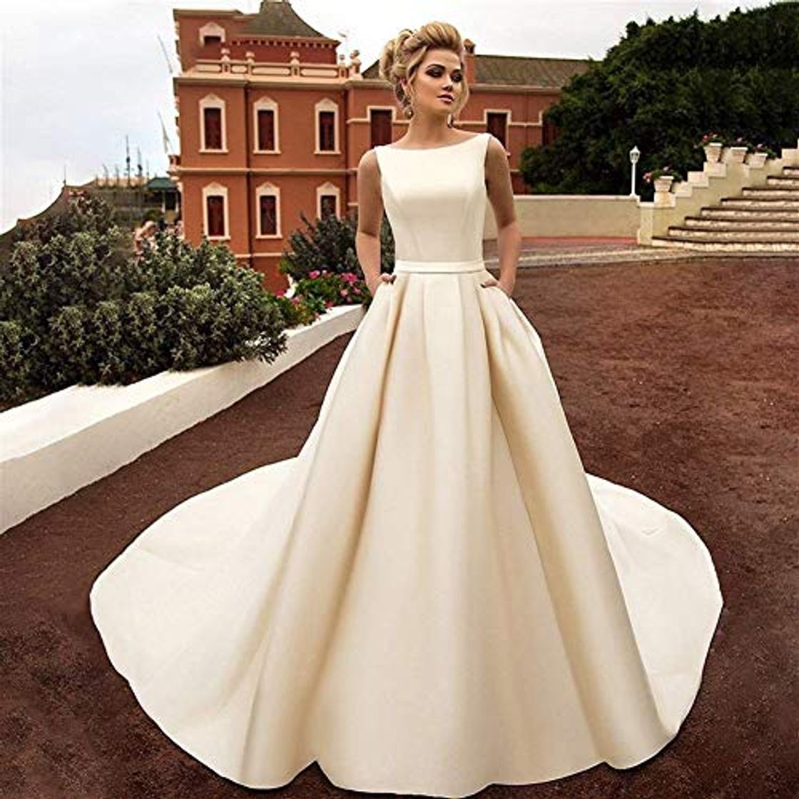 Fashion Simplicidad Elegante Vestido de Novia Scoop Elegante Arco sin Respaldo Sexy Satén Suave Simplicidad Elegante Vestido de Novia Nuevo sin Mangas Vestidos de Novia Simples Vestido de Noiva Simplicidad E