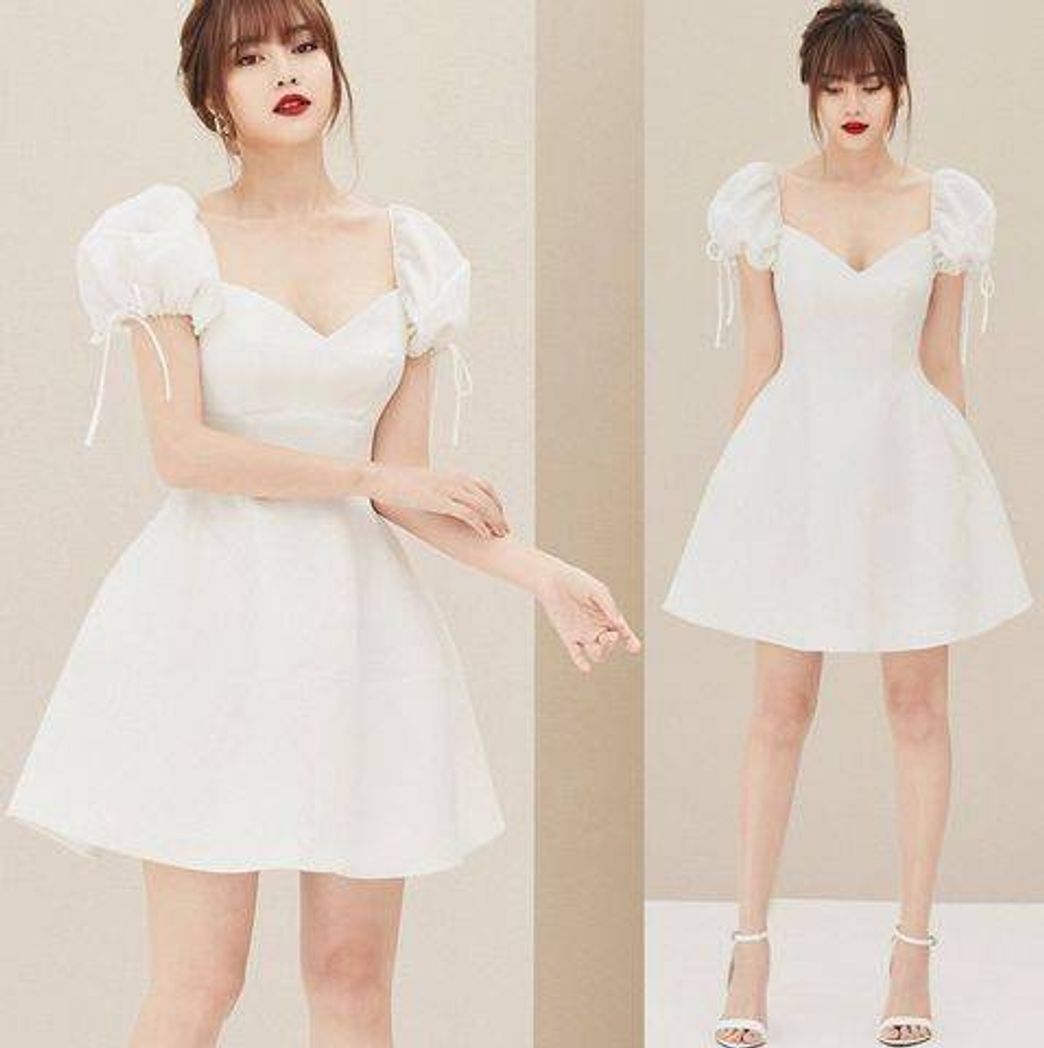 Moda Đầm xòe kiểu chữ a tay phồng cột dây (Trắng) | AlvinStore.Vn