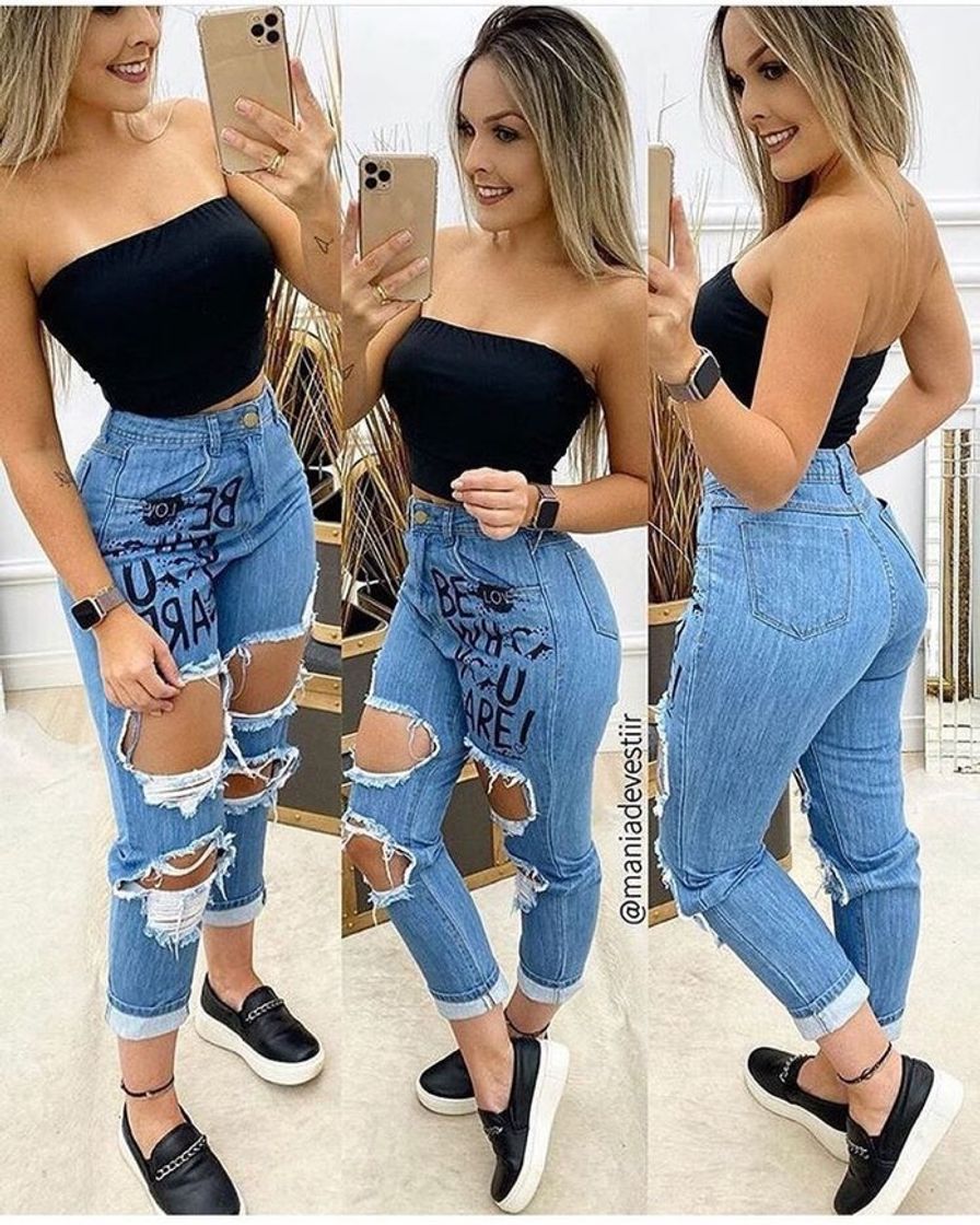 Fashion Look com calça jeans rasgada. 💙