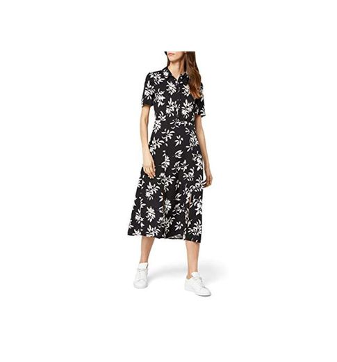 Marca Amazon - find. Vestido Midi Camisero de Flores Mujer, Negro