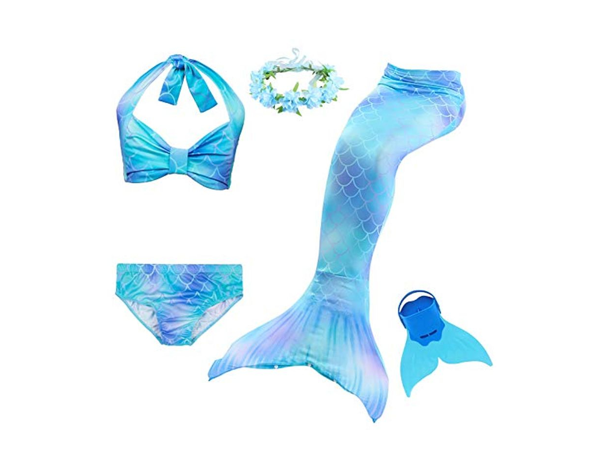 Social Cola de Sirena Niña 5pcs Traje de Baño Mermaid Bikini Establece Disfraz de Sirena Princesa Cosplay Conjuntos con Diadema de Flores y Monofín