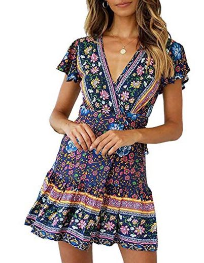 Abravo Mujer Vestido?Bohemio Corto Florales Nacional Verano Vestido Casual Magas Cortas Chic