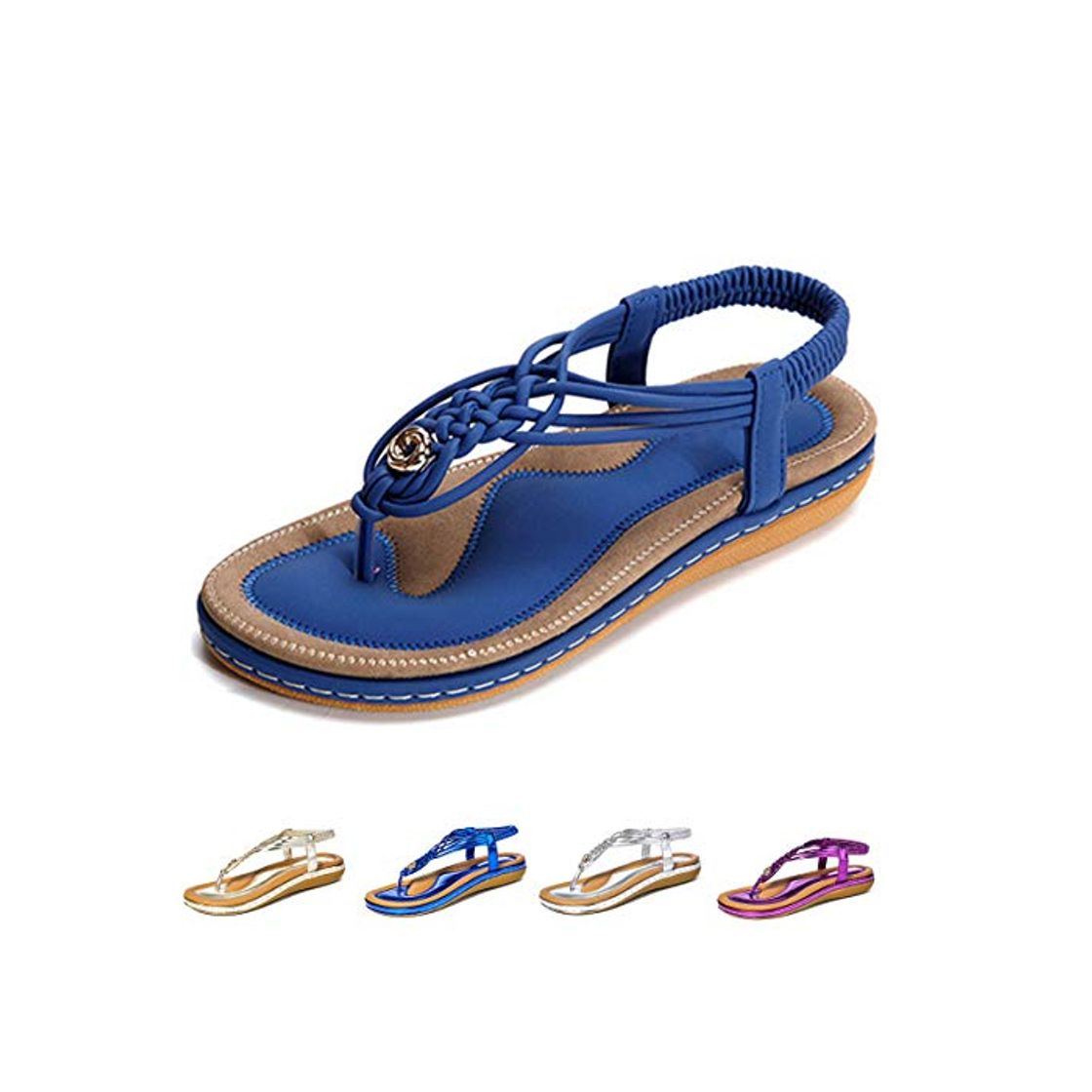 Fashion gracosy Sandalias Planas Verano Mujer Estilo Bohemia Zapatos de Dedo Sandalias Talla Grande Cinta Elástica Casuales de Playa Chanclas Romanas de Mujer 2019 Azul Negro Púrpura Rhinestone de Moda