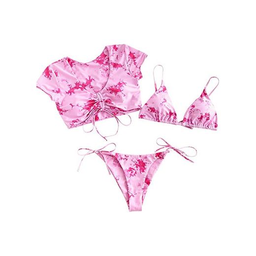 ZAFUL Mujer Bikini Conjunto, Copa Triangular de Encaje con Estampado Tie Dye