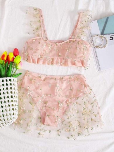 Floral Embroidered Mesh Bikini Swimsuit | SHEIN USA
