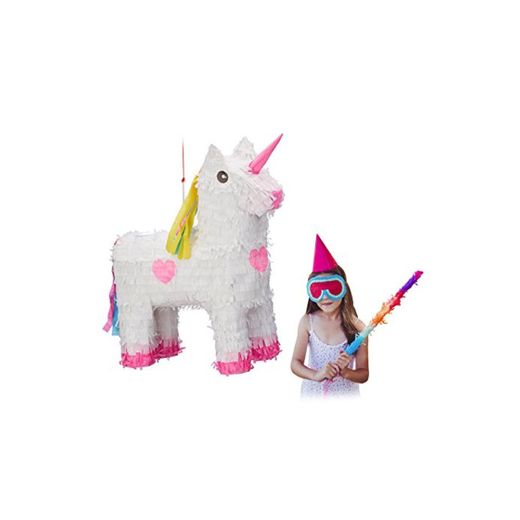 Relaxdays Piñata Unicornio, Color Blanco-Rosa, HxWxD: 47 x 43 x 13 cm