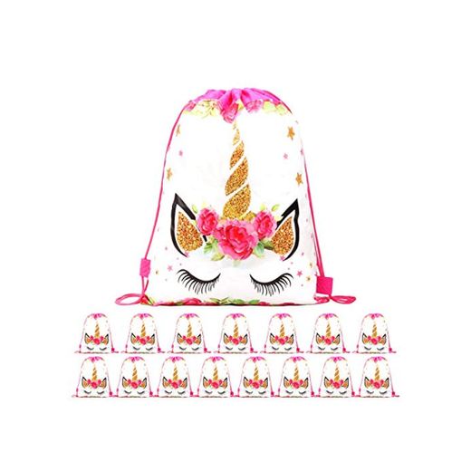 RLGPBON 16 Piezas Unicornio Bolsa Regalo Bolsa de Cuerdas Unicornio Bolsa con cordón Mochila Bolsa Dulces Gimnasio Backpack para Infantil Niñas Fiesta Cumpleaños Party