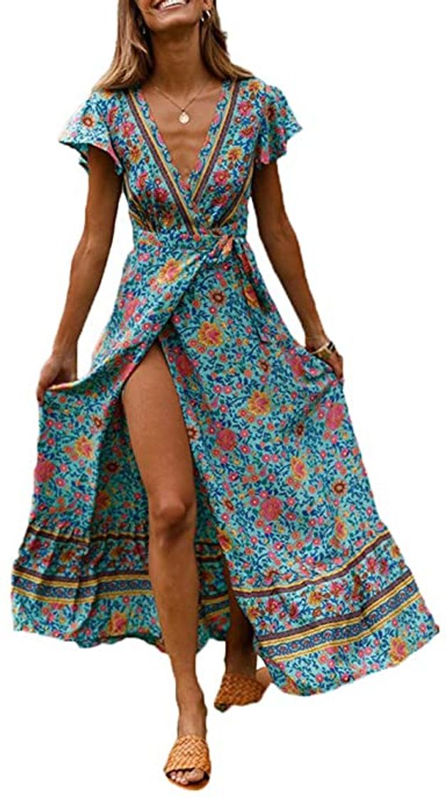 Fashion Vestido Mujer Bohemio Largo Verano Playa Fiesta Floral Manga Corta Cuello en V Talla Split Wrap Maxi Vestidos 5 XL