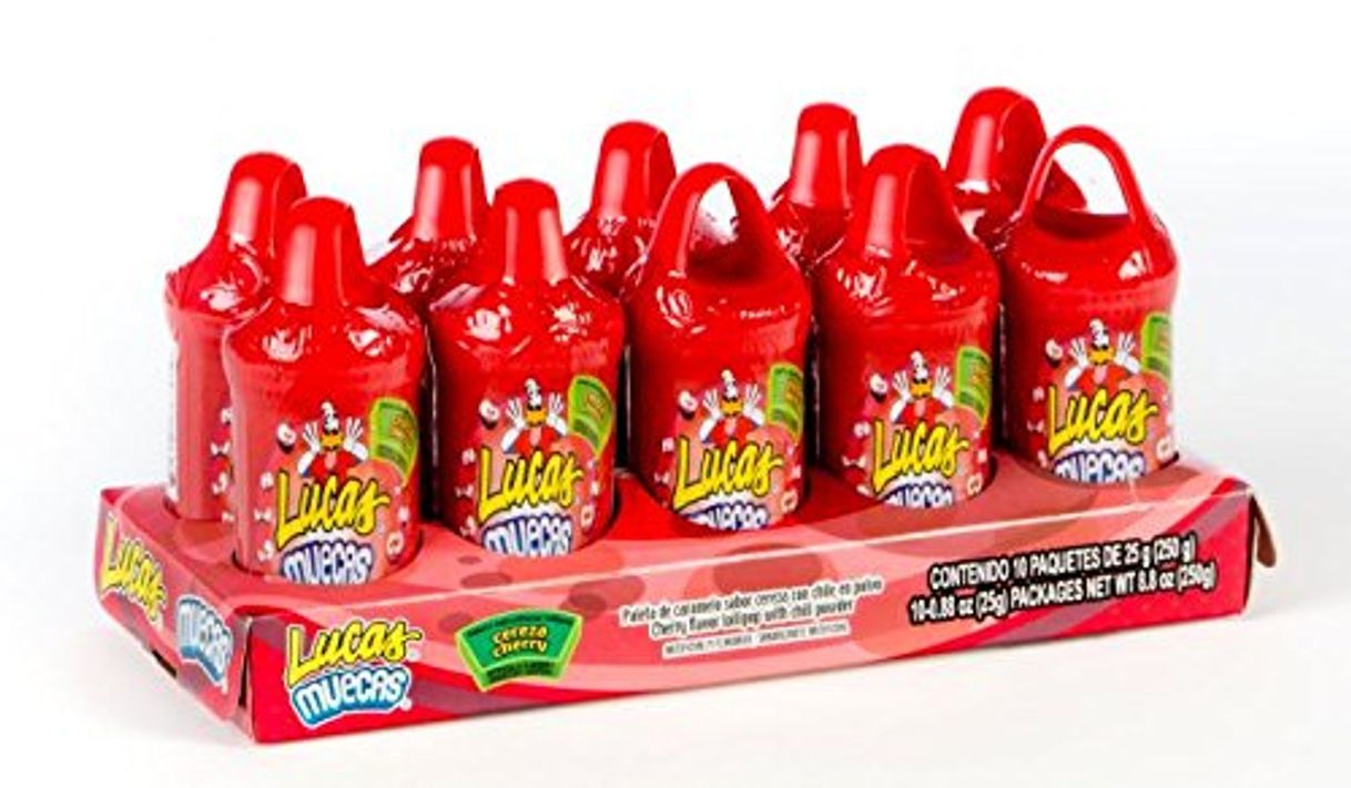 Producto Lucas Muecas Lollipop With Chili Powder CHERRY PACK OF 10 PCS Mexican Candy with Free Chocolate Kinder Bar Included