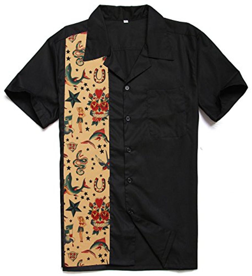 Fashion Candow Look Tattoo partten Retro Hombres Camisas Button Down workshirts