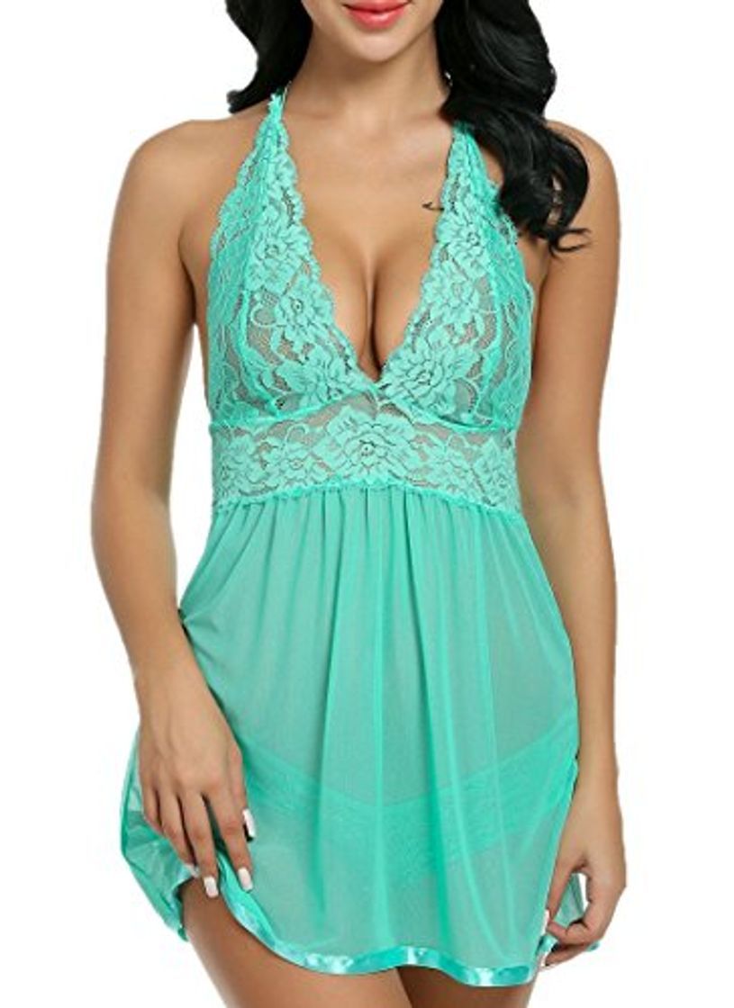 Products Scallop Mujer Babydoll Picardías Lencería Abierta Detrás Correas（Verde M)