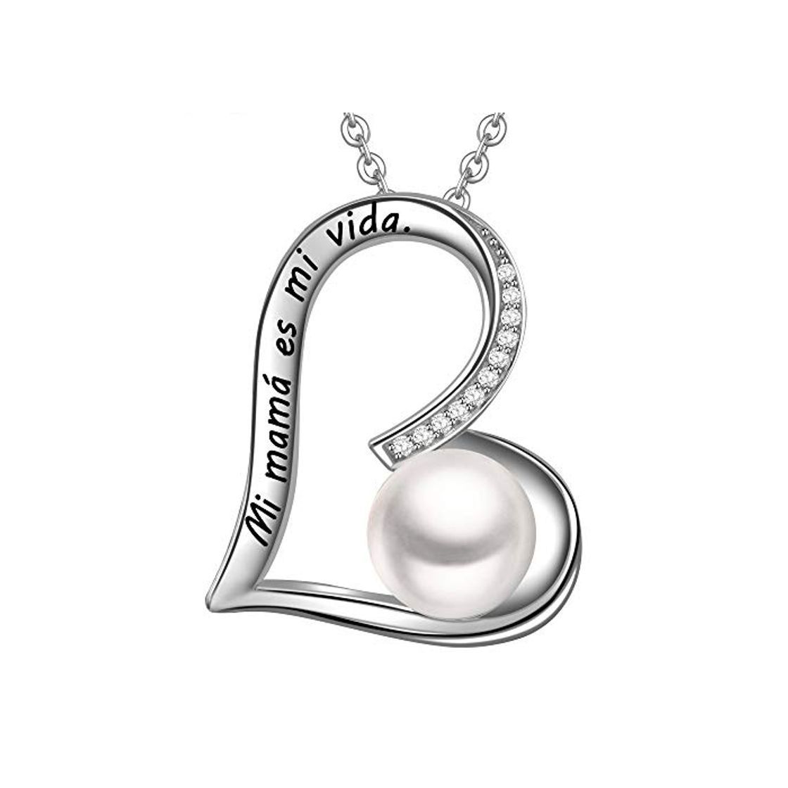 Social LOVORDS Collar Mujer Grabado Plata de Ley 925 Colgante Corazón Perla Cultivada Blanca de Agua Dulce 9mm Regalo Madre Mamá
