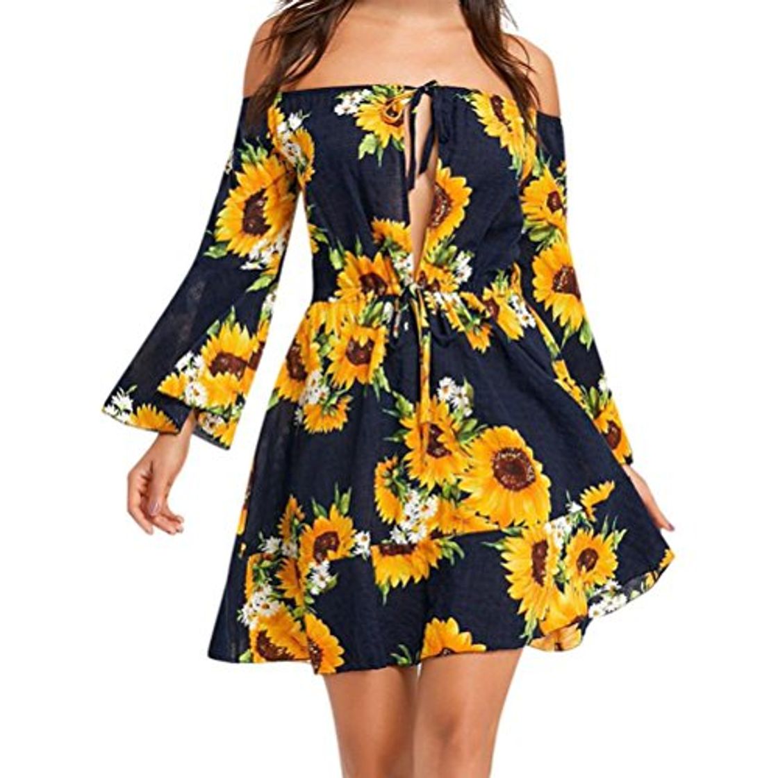 Product OverDose Vestido Informal Estampado de Girasol Bohemio para Mujer con Hombros Descubiertos