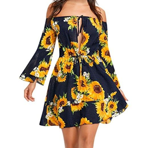 OverDose Vestido Informal Estampado de Girasol Bohemio para Mujer con Hombros Descubiertos