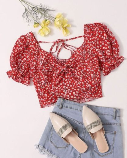 Ditsy Floral Tie Front Puff Sleeve Crop Top