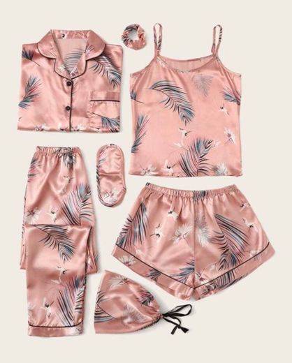 7pcs Crane & Tropical Print Satin Pajama Set SHEIN