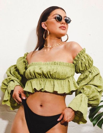 Off Shoulder Ruffle Trim Ruched Bust Crinkle Crop Top SHEIN USA