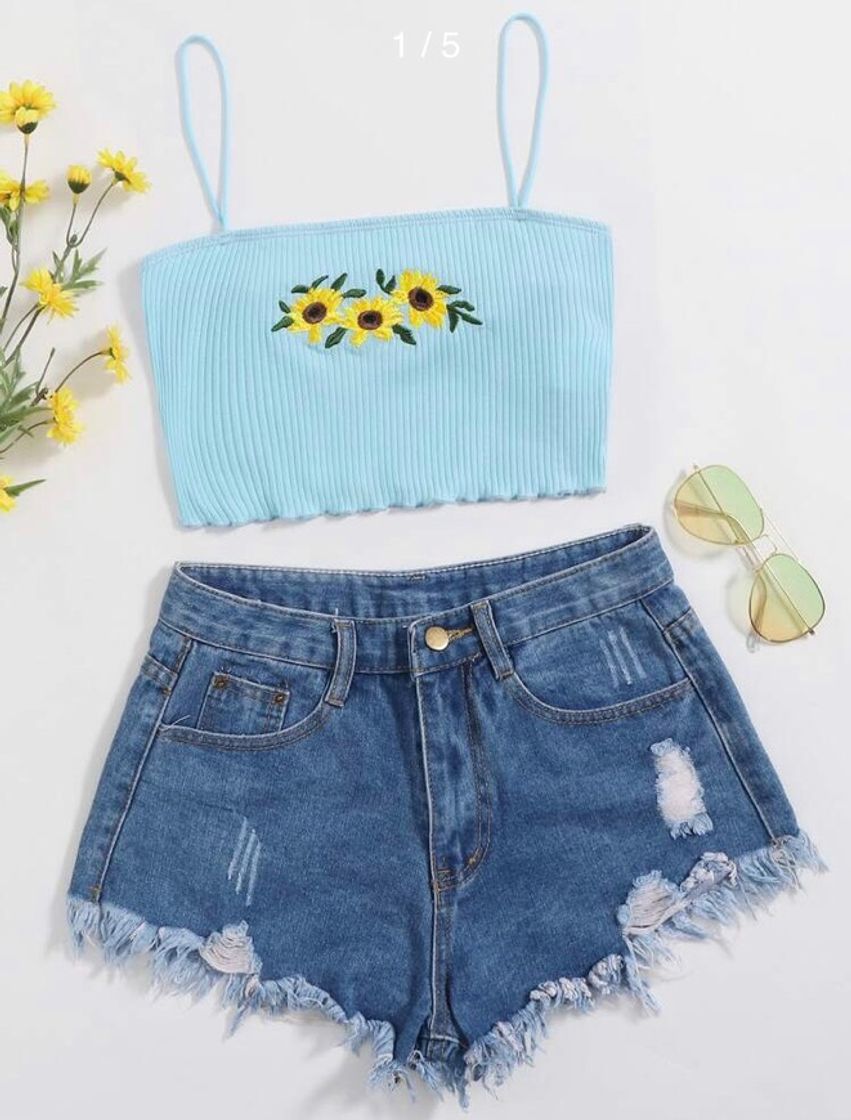 Fashion Top de tirantes corto con bordado de girasol 🌻💙