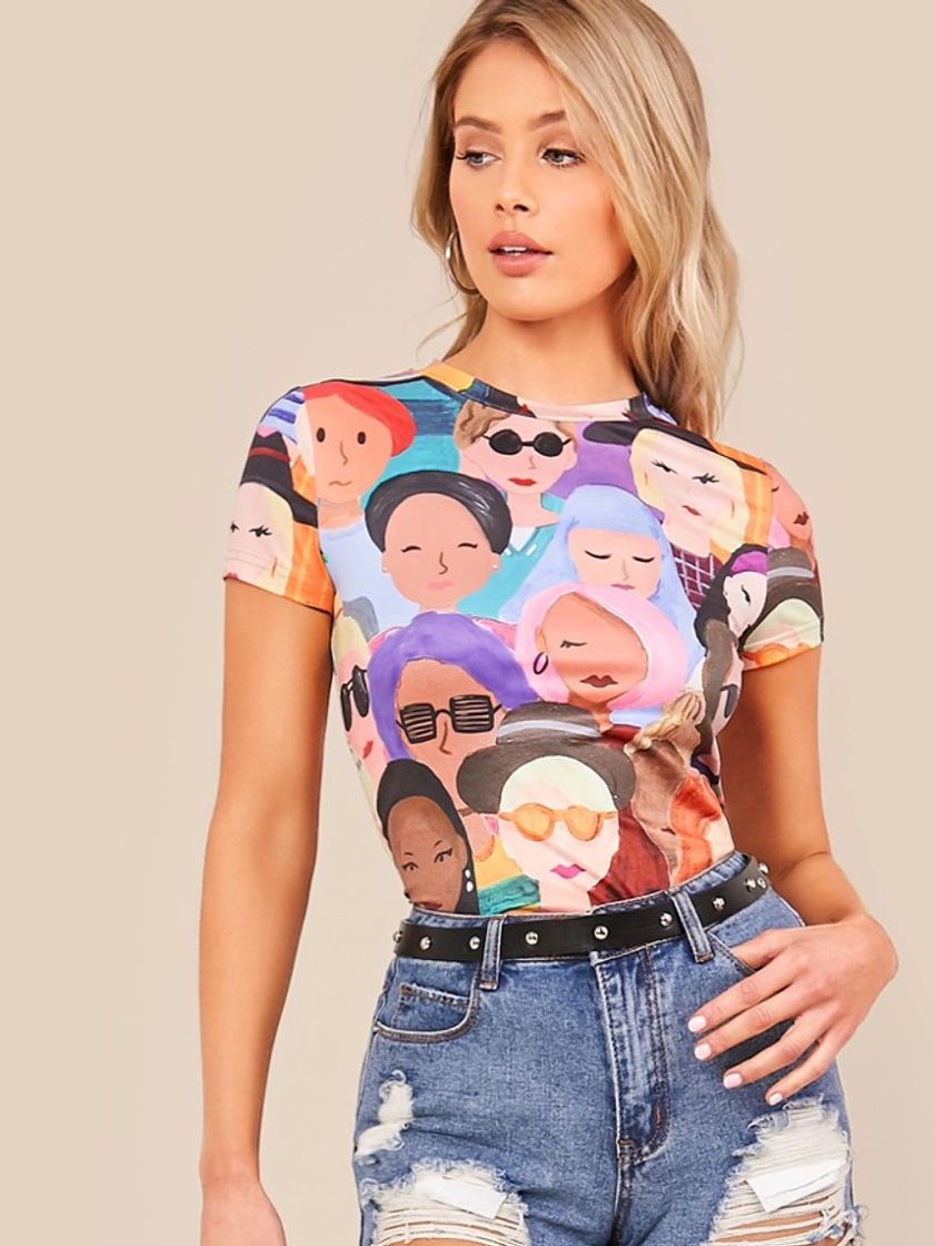 Moda Camiseta con estampado de figura de manga de casquillo 