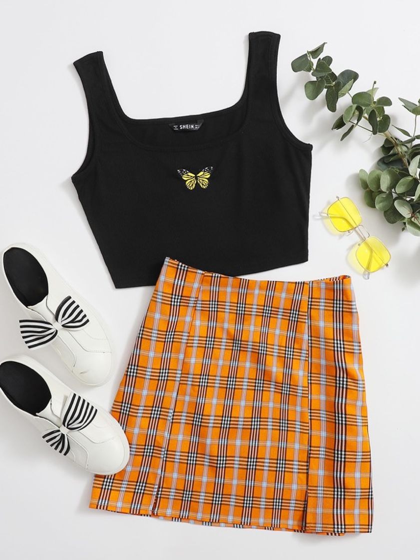 Fashion Top con bordado de mariposa con falda de tartán 🦋🧡