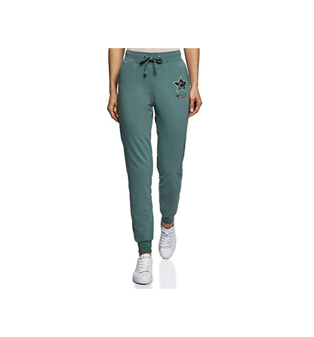 Moda oodji Ultra Mujer Pantalones de Punto con Cordones, Verde, ES 34