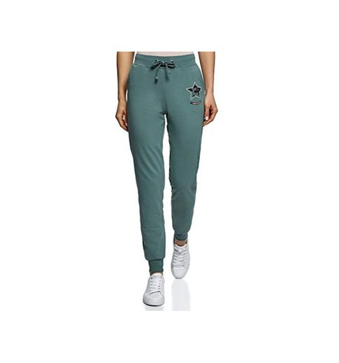 oodji Ultra Mujer Pantalones de Punto con Cordones, Verde, ES 34