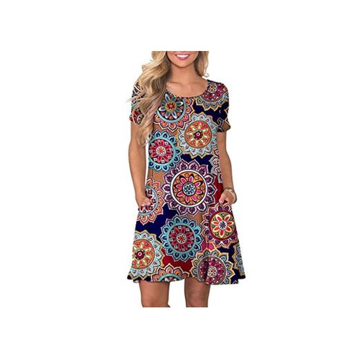 VEMOW Vestido Mujer Mujeres Verano Manga Corta Floral Bolsillos Impresos Vestido de