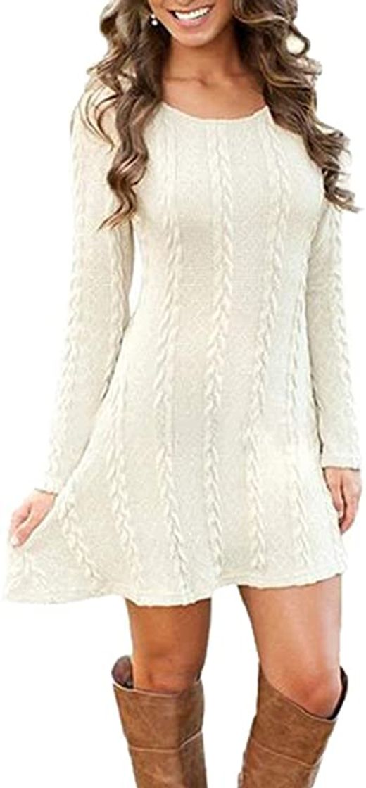 Fashion Hawiton Vestido de Punto para Mujer Vestido de Suéter de Cuello Alto Elegante Jersey de Manga Larga de Una Línea para Otoño Invierno