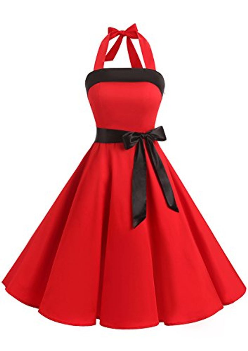 Moda Timormode 10212 Vestido De Vintage 50s Cuello Halter Elegante Mujer Rojo 3XL