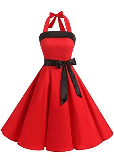 Timormode 10212 Vestido De Vintage 50s Cuello Halter Elegante Mujer Rojo 3XL