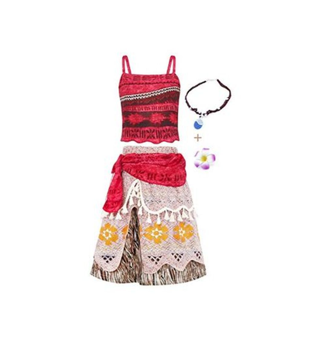 Social Jurebecia Vestido Moana para niños Conjuntos de Aventura Conjunto para niñas Vestidos de Princesa y Diademas Adjuntas Ropa para niños con Tiras y Collar Impreso Fiesta de cumpleaños de Halloween