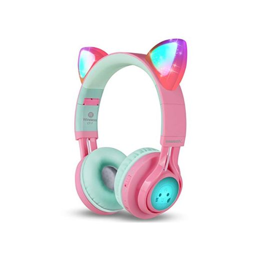 Riwbox CT-7 - Auriculares Bluetooth con orejas de gato, luz LED, inalámbricos,