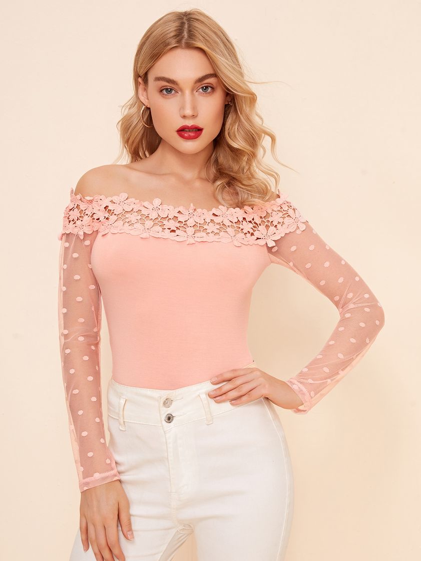 Moda Off Shoulder Guipure Lace Trim Dobby Mesh Sleeve Top | SHEIN ...