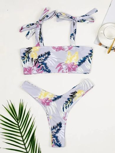 Bañador Bikini Cortado Alto De Hombro Con Cordón Tropical