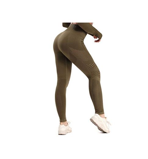 FITTOO Leggings Sin Costuras Corte de Malla Mujer Pantalon Deportivo Alta Cintura Yoga Elásticos Fitness Seamless #1 Verte S