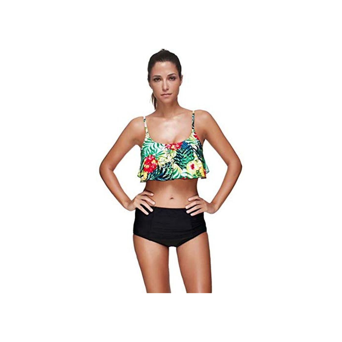 Fashion Bikinis Conjuntos Mujer Traje De Baño Bikinis Traje De Baño Para Mujer Traje De Baño Volantes Bandeau Patrón De Hojas De La Planta Conjunto De Bikini Traje De Baño De Talle Alto De Playa Biki