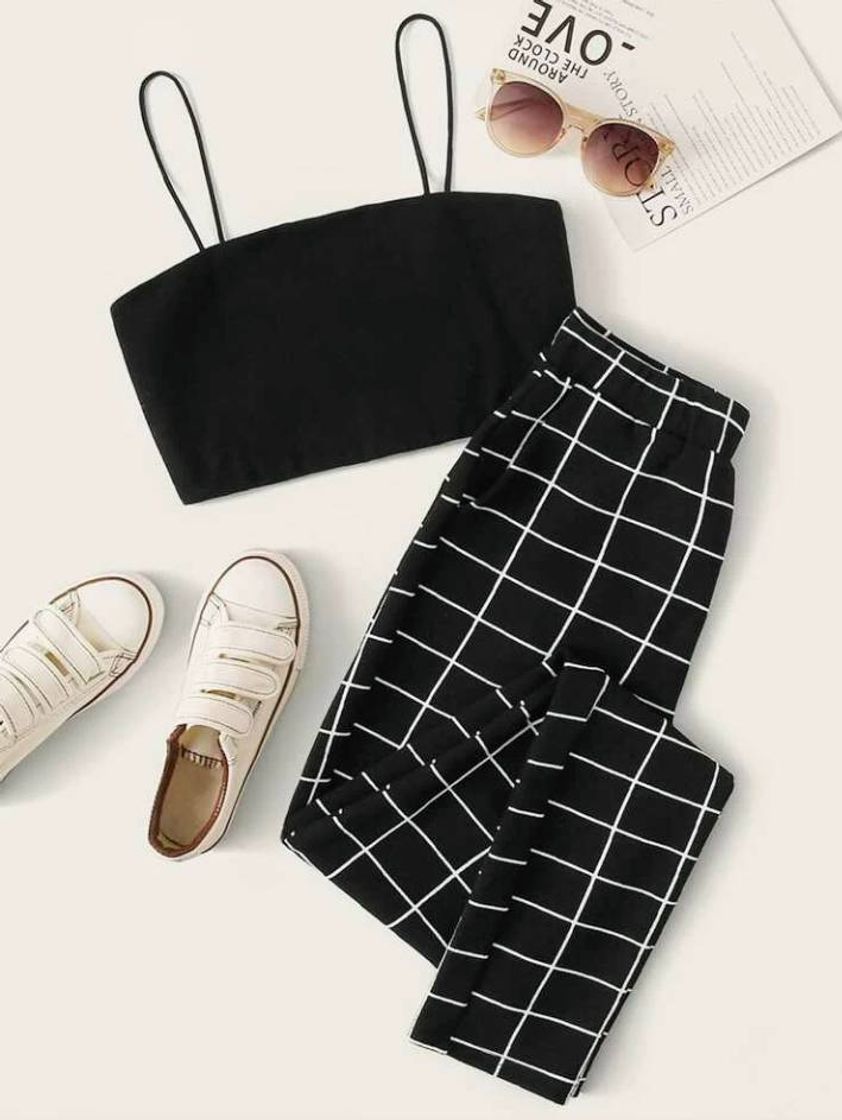 Social Crop Cami Top and Slant Pocket Grid Pants Set | SHEIN USA
