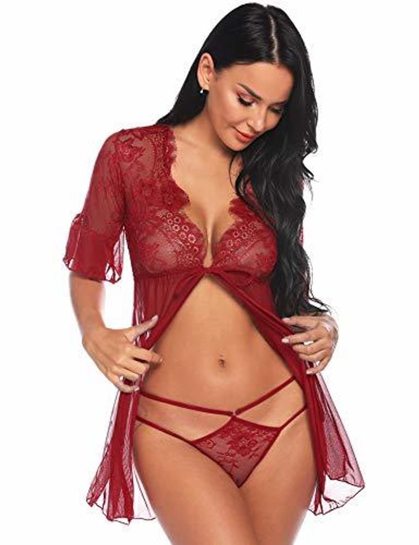Social Sykooria Conjunto de Lencería Sexy para Mujer Pestaña Babydoll Frente Abierto Camisón