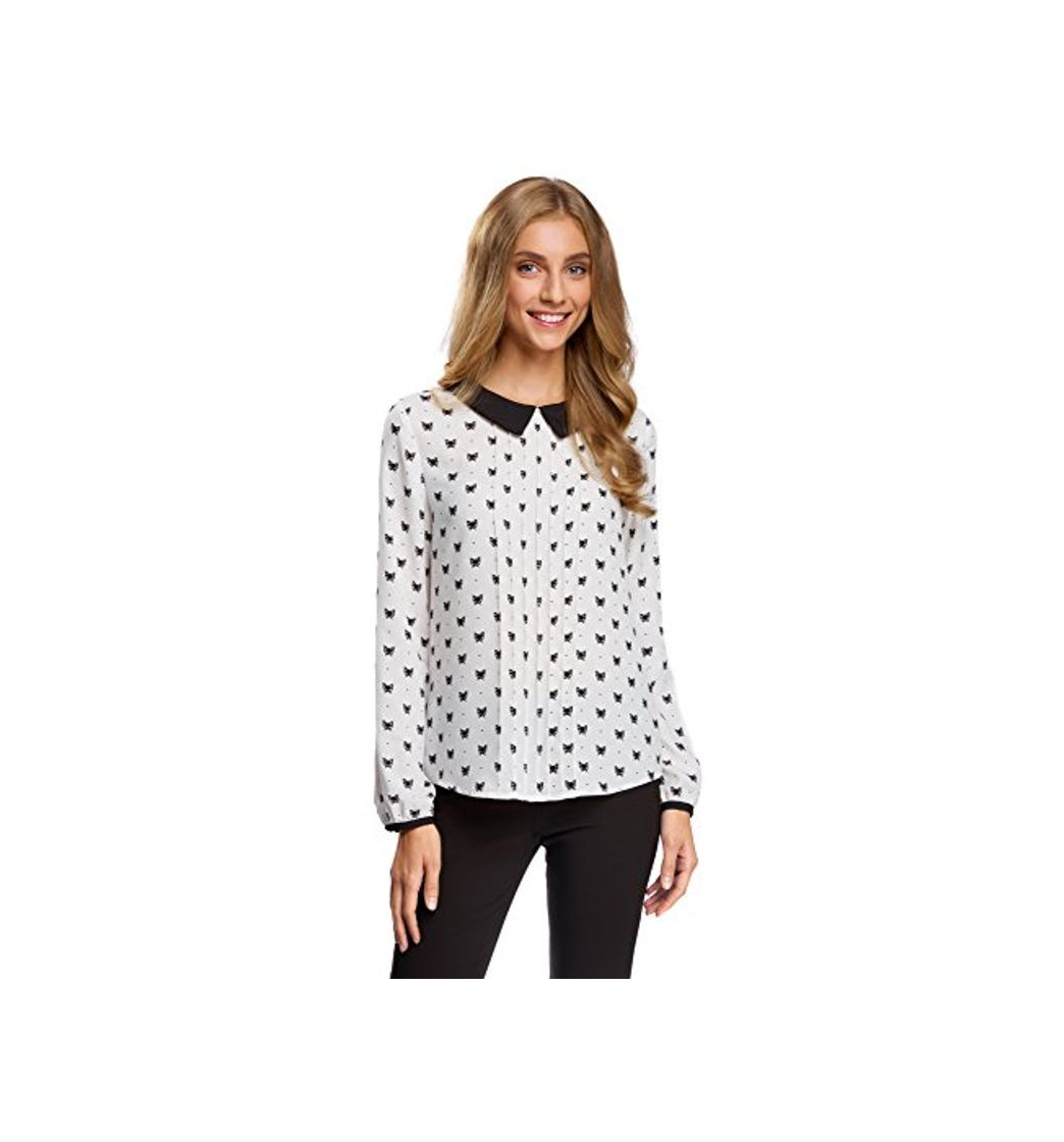 Product oodji Ultra Mujer Blusa de Tejido Fluido con Cuello en Contraste, Blanco,